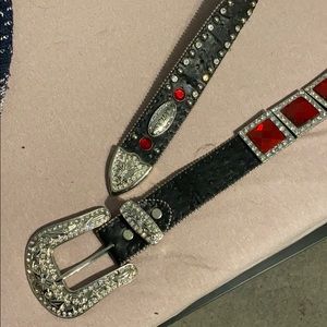 Leather Belt with Large Red and Silver Stones